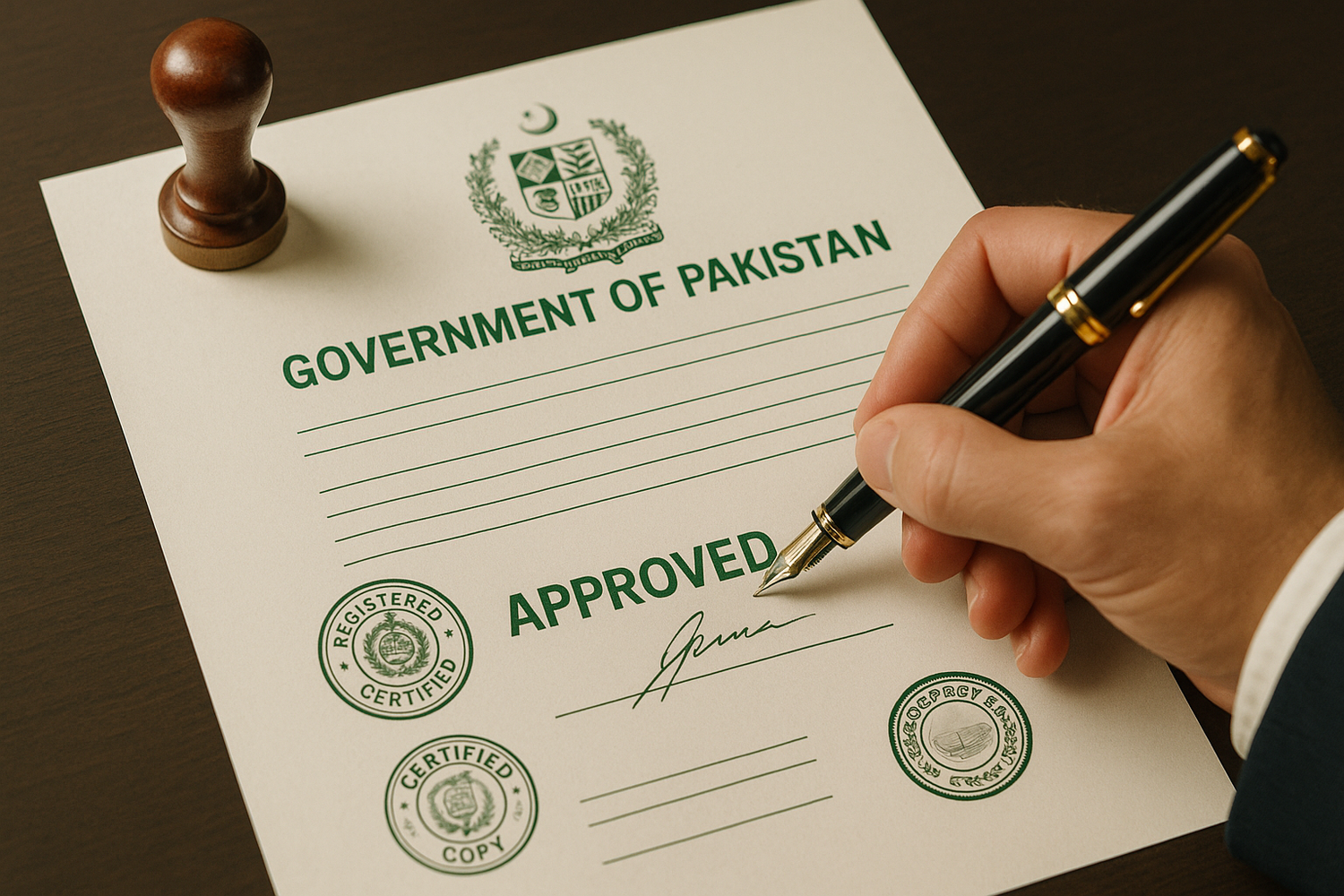 aik imagr create karo jis mein aisa lagay jaisa ye government of pakistan say approved hai jis mein aik pen nazar a raha ho sign karta howa 